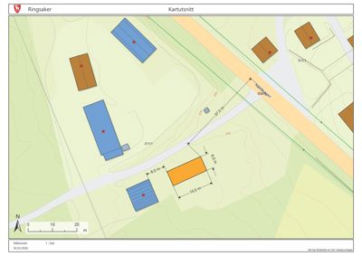 Situasjonsplan (kartutsnitt) som viser tomtens form, høydeforhold (konturlinjer), plassering av bygninger i forhold til hverandre og vei, samt mål på en planlagt eller eksisterende bebyggelse.