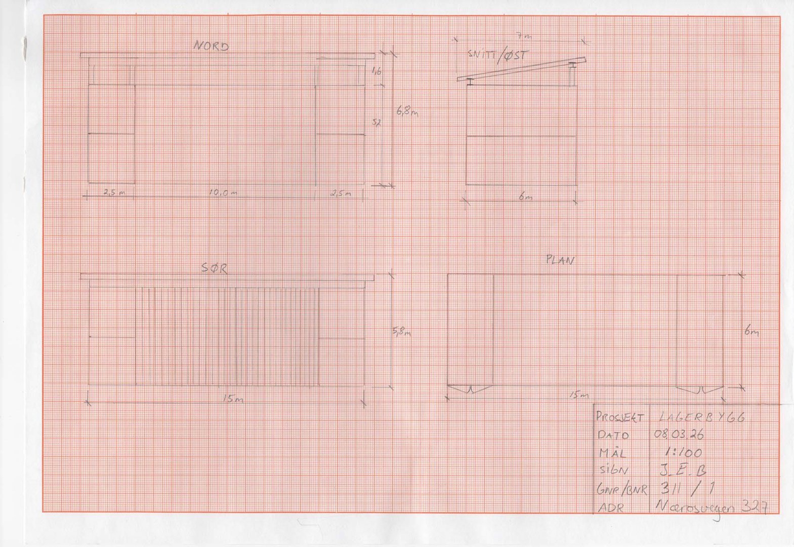 En tegning som viser fasadeopprikk (NORD, SØR) og en planutsnitt (PLAN) for en bygning.