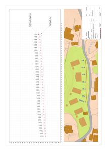 Situasjonsplan som viser tomtens form, konturer, eksisterende bygninger, en planlagt vei (P 50-80) og en grense (Kistehøyde bopp mur).