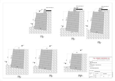 Tegning som viser detaljerte oppriss av en steinmur (Natursteinmur) med mål, høyder og hellingsvinkler for ulike seksjoner (P10, P20, P30, P40, P50, P56.8).