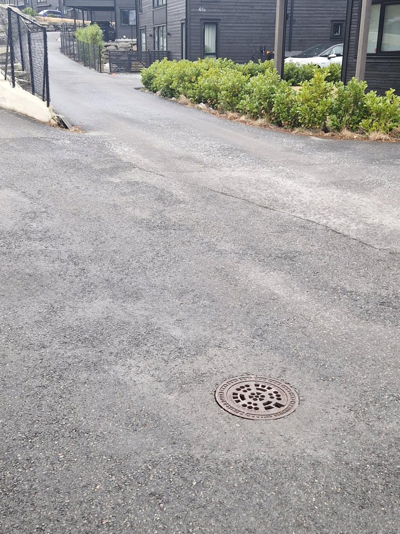 Fotografi av en asfaltert vei eller gangvei med et nedløpsrør (renn) i forgrunnen. I bakgrunnen er det synlig en mørk fasade på en bygning, busker og en del av en hekk.