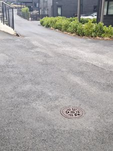 Fotografi av en asfaltert vei eller gangvei med et nedløpsrør (renn) i forgrunnen. I bakgrunnen er det synlig en mørk fasade på en bygning, busker og en del av en hekk.