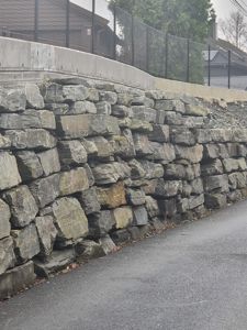 Fotografi av en steinmur (kanskje en hekkmur eller stabiliseringsmur) med en vei til høyre og en hekk med etasjehus i bakgrunnen.