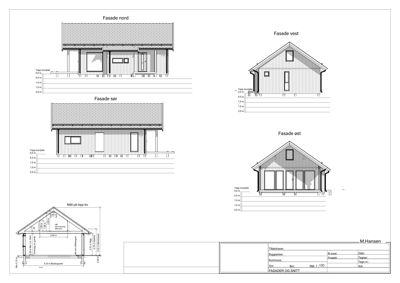 Bildet viser en tegning med fasadeopprikk for en bygning sett fra fire sider (nord, vest, sør, øst) samt et snitt.