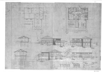 En tegning som viser fasadeopprikk (fra front og side) samt et snitt av en bygning.