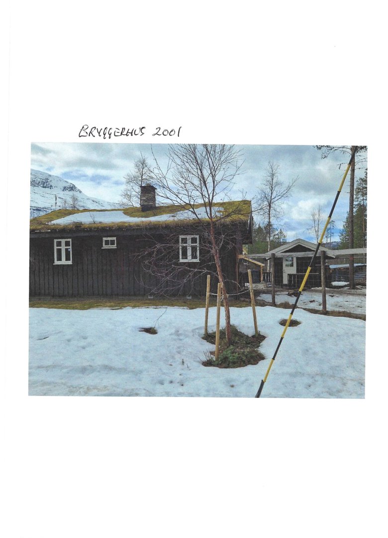 Fotografi av en mørk bygning med grønt tak (moss) og snø på bakken. Bildet viser også en mindre bygning i bakgrunnen og et gult og svart målestokk i forgrunnen.