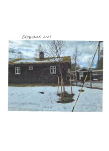 Fotografi av en mørk bygning med grønt tak (moss) og snø på bakken. Bildet viser også en mindre bygning i bakgrunnen og et gult og svart målestokk i forgrunnen.