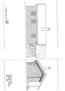 Tegning som viser fasaden på en bygning sett fra bak og øst (bak-øst-fasade).