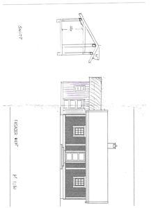 Tegning som viser fasaden mot vest (FASADER VEST) med en snittegning (SNITT) øverst.