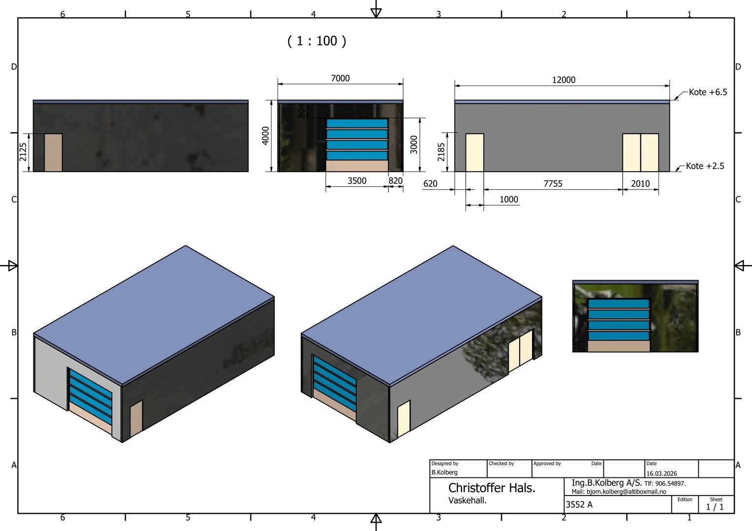 3D-visualisering (rendering) av en bygning med fasadetegninger og detaljer.