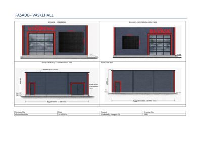 Fasadetegning for en vaskehall som viser utsiden av bygningen med skilt og mål.