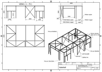 En teknisk detaljtegning som viser konstruksjonen til en stålramme (firk.rør, rundstål) for en vaskehall, inkludert dimensjoner og oppriss.