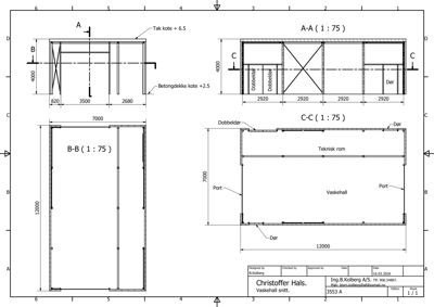 Snittegning (A-A og C-C) av en vaskehall med angitte mål, romfordeling og konstruksjonsdetaljer.