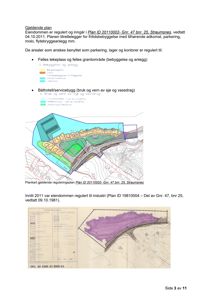 Bildet viser en planleggingsdokumentasjon med to planer. Øverst er en fargerik situasjonsplan (site_plan) for et område ved Straumsnes, som viser arealbruk, bygninger og infrastruktur. Nederst er en eldre, svart-hvit situasjonsplan (site_plan) for samme eiendom. Begge planene viser tydelig tomtens form, grenser og plassering av bygninger.