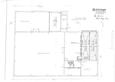 Etasjeplan (1. etasje) som viser romfordeling, dimensjoner og funksjoner i en industriell bygning.