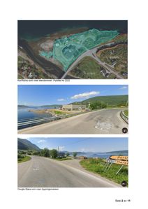 Bildet viser en kombinasjon av et kartflyfoto (toppen) og to Google Maps-bilder (nederst) som viser eiendom og bygning.