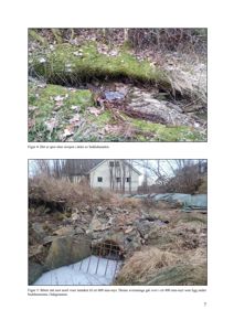 To foton som viser erosjon i en bekkekanal og et inntak til en rørledning.