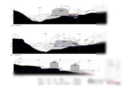 Tegning som viser tverrsnitt (terrengprofiler) av tomta med plassering av hus og terrengform.