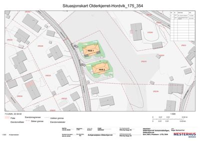 Situasjonskart som viser tomtens beliggenhet i forhold til nabolag, eiendomsgrenser og infrastruktur.