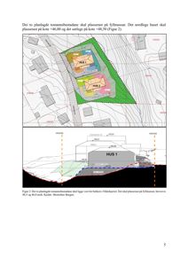 Bildet viser en situasjonsplan (øverst) og et snitt (nederst) for to planlagte tomannsbustader (Hus 1 og Hus 2). Det illustrerer plassering på tomt, høydekurver, fyllmasser og koter.