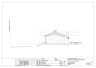 Snittegning som viser bygningens høyde, takform og relasjon til terrenget.
