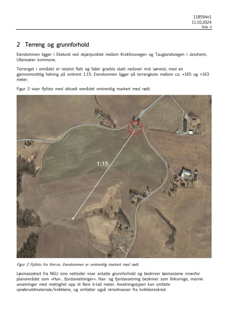 Et flyfoto over et område i Jessheim med en eiendom markert med rødt sirkel og en stigning på 1:15 vist med en pil.