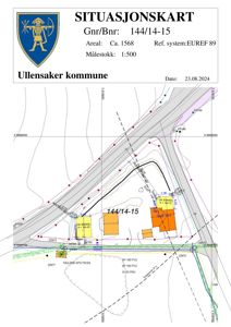 Situasjonskart for eiendommen Gnr/Bnr 144/14-15 i Ullensaker kommune, som viser tomtegrenser, eksisterende bygninger, infrastruktur og topografi.