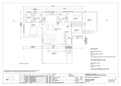 Etasjeplan for en bolig som viser romfordeling, mål og arealoppdeling.