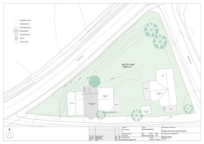Situasjonsplan som viser tomtens grenser, eksisterende beplantning, terrengforhold og plassering av nye bygninger.