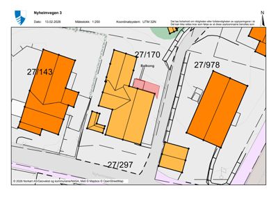 Situasjonsplan som viser tomtene (27/143, 27/170, 27/978, 27/297) og bygningsplasseringer for Nyheimvegen 3.