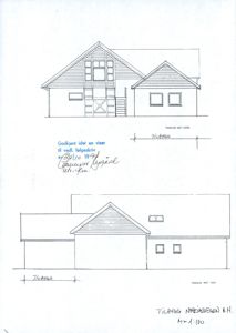 Tegning som viser fasadeopprikk (fra nord og vest) for en bygning.