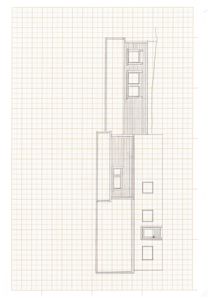 En tegning som viser fasaden til en bygning sett fra siden. Tegningen illustrerer vinduene, balkonger og trappene på hver etasje.