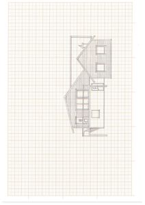 En tegnet fasade (opprikk) av en bygning sett fra siden, som viser takform, vinduer og fasadeflater.