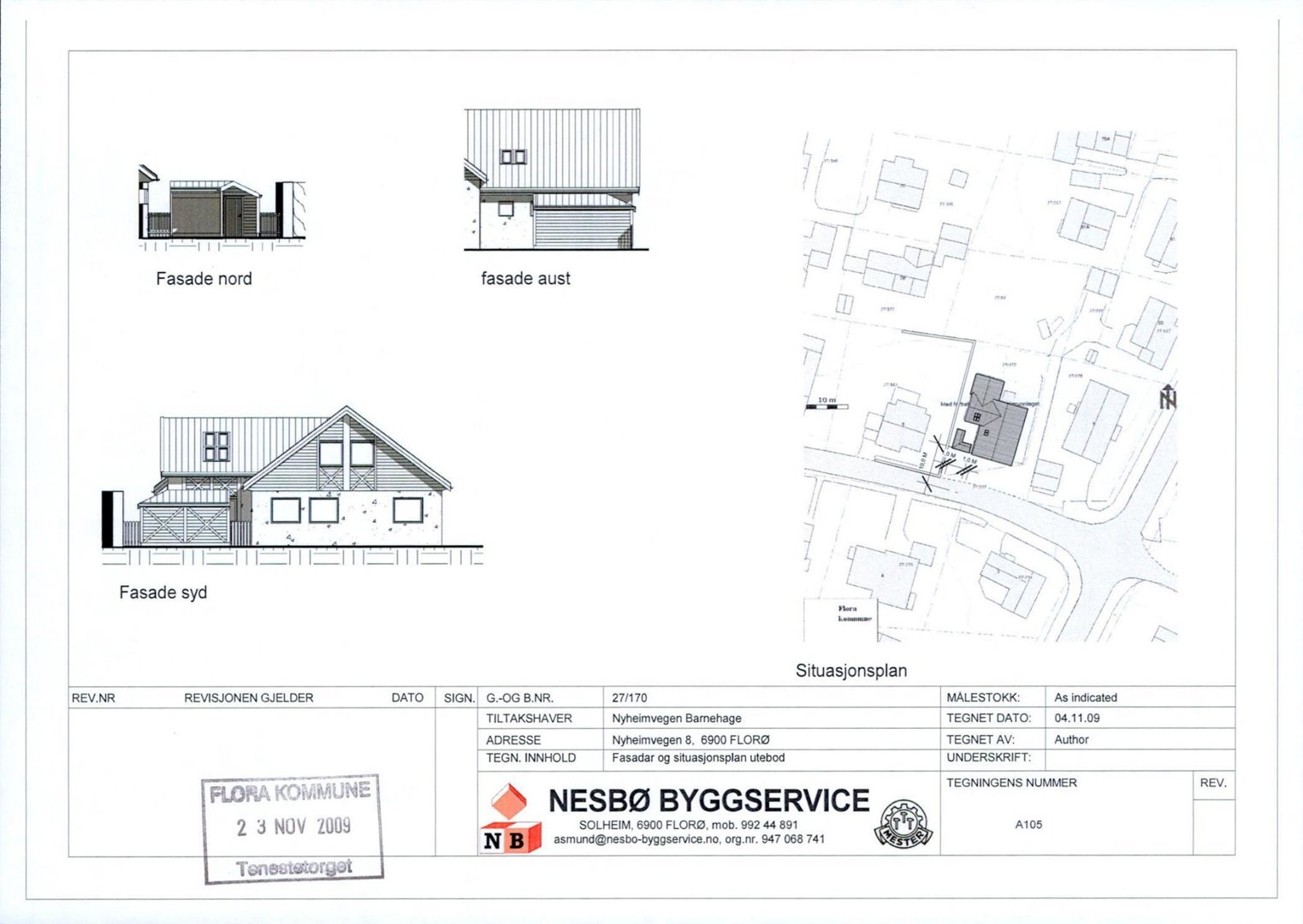 Bildet viser en tegning med fasadeopprikk (Nord, Aust, Syd) og en situasjonsplan.