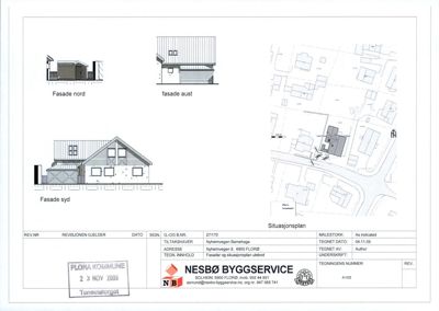 Bildet viser en tegning med fasadeopprikk (Nord, Aust, Syd) og en situasjonsplan.