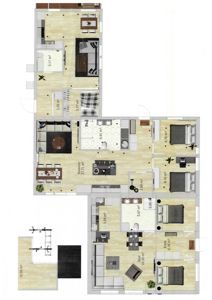 Etasjeplan med romfordeling, møblering og arealoppdelinger for en leilighet.