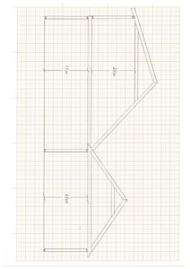 En håndtegnet etasjeplan (eller grunnplan) som viser romfordeling, veggposisjon og dimensjoner (f.eks. 2,400 og 2,100).