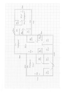 Håndskrevet etasjeplan som viser romfordeling, mål på vegger og romareal (m²) for en leilighet.