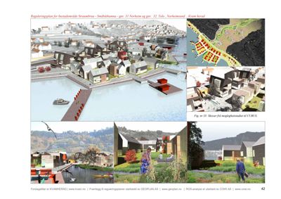 Et collage av 3D-visualiseringer (renderinger) som viser forslag til bygninger og landskap i et reguleringsområde.