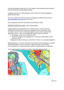 Et utsnitt av en reguleringsplansituasjon som viser eiendomsgrenser, arealbruk og infrastruktur i et område i Kvam herad.