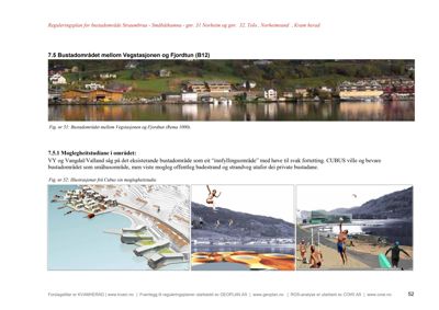 Bildet viser en side fra en reguleringsplan som inneholder en fotografi (Fig. nr 51) og en serie 3D-visualiseringer (Fig. nr 52) av et forslag til utbygging av et bostadsområde.