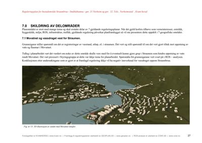 3D-visualisering (rendering) av et sund med Movatnet innfor, som illustrerer et delområde i en reguleringsplan.