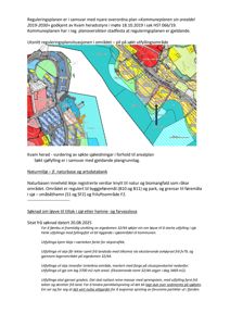 Utsnitt av en reguleringsplansituasjon som viser et søkt utbyggingsområde (rødt) i forhold til eksisterende sjøområder (blått) og landareal (grønt/gult).