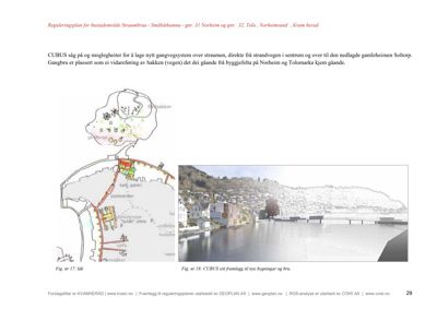 Et fotografi som viser en 3D-visualisering av et nytt byggeprosjekt (hus og bro) i et kystlandskap.