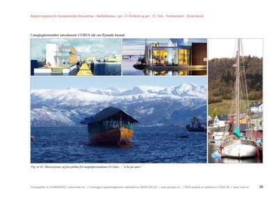 Et sammensatt bilde som viser illustrasjoner og fotografier fra et muligenshetsstudium for flytande bustad, inkludert eit fotografi av ein båt på vatn.