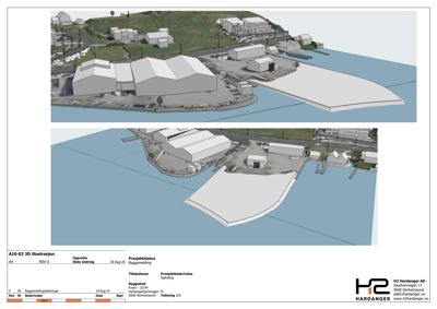3D-visualisering (rendering) av et byggeprosjekt sett fra luften, inkludert omgivelsene.