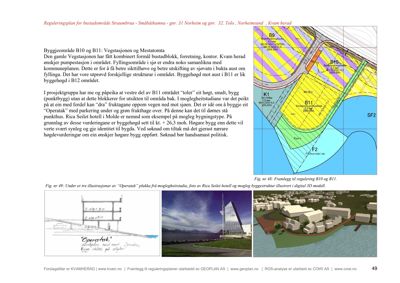Bildet viser en side fra en reguleringsplan med tekst om Vegstasjonen og Metastomta. Det inneholder også en situasjonsplan (Fig. nr 48) og tre illustrasjoner (Fig. nr 49) som viser et forslag til bygning ('Operatak') i ulike faser: et snitt, et eksisterende hotell og en 3D-rendering.