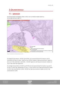 Et kvartærgeologisk kart som viser løsmasser, fjell og borepunkter i et tiltaksområde.