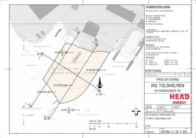 Situasjonsplan som viser bygningens plassering i forhold til omgivelsene, inkludert fylting, sjø og nabolag.