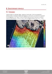 Et sjøbunnskart som viser dypforhold (topografi) i et tiltaksområde ved sjøkanten.